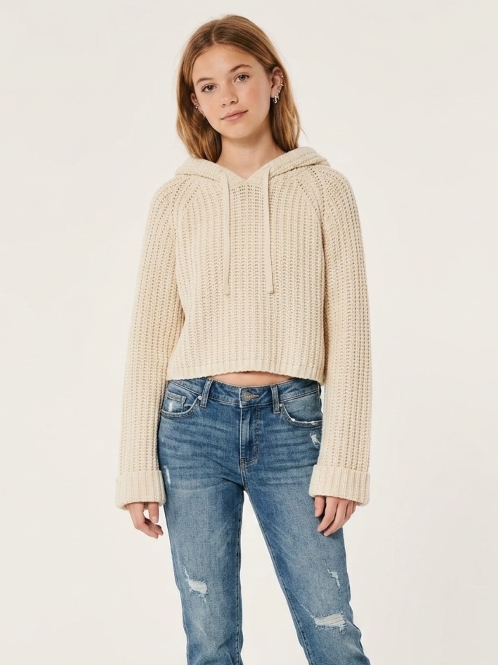 Daytrip Woman’s Cream Cropped Knit Hoodie Wide Sleeve Sweater — Size Large